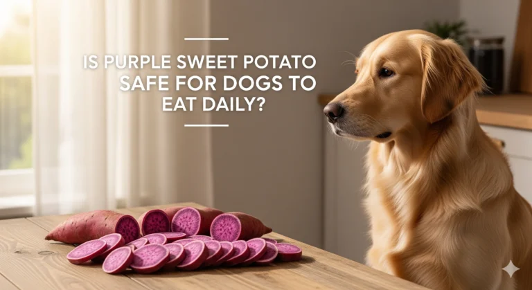 Golden Retriever with purple sweet potato slices and safety inquiry text.