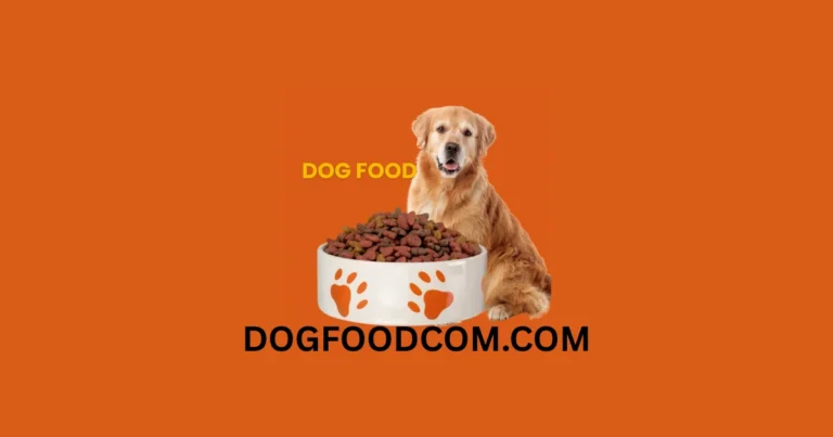 Social sharing cover for https://www.google.com/search?q=dogfoodcom.com featuring a Golden Retriever with a bowl of kibble and the website domain on an orange background.